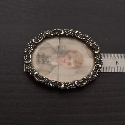 Antique Miniature Portrait in .800 Silver Frame Dog's Head Hallmark Graz, Austria 1872-1922