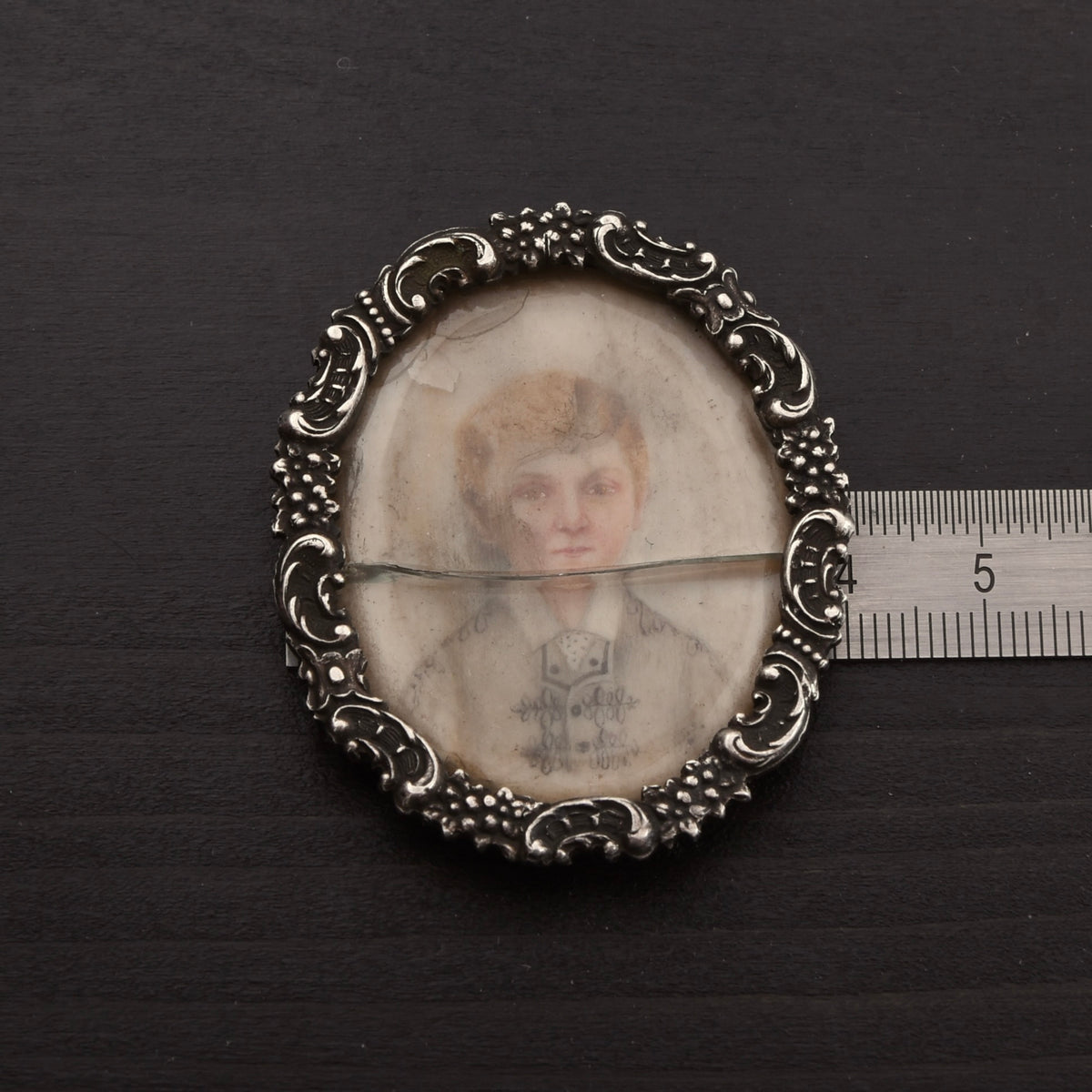 Antique Miniature Portrait in .800 Silver Frame Dog's Head Hallmark Graz, Austria 1872-1922