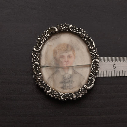 Antique Miniature Portrait in .800 Silver Frame Dog's Head Hallmark Graz, Austria 1872-1922