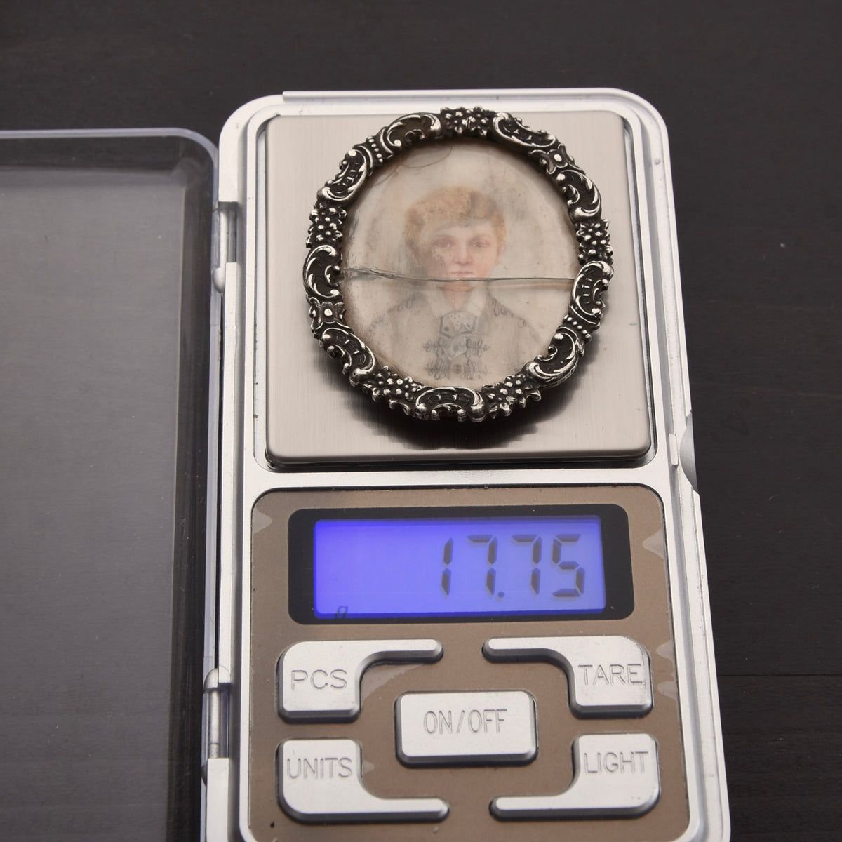 Antique Miniature Portrait in .800 Silver Frame Dog's Head Hallmark Graz, Austria 1872-1922