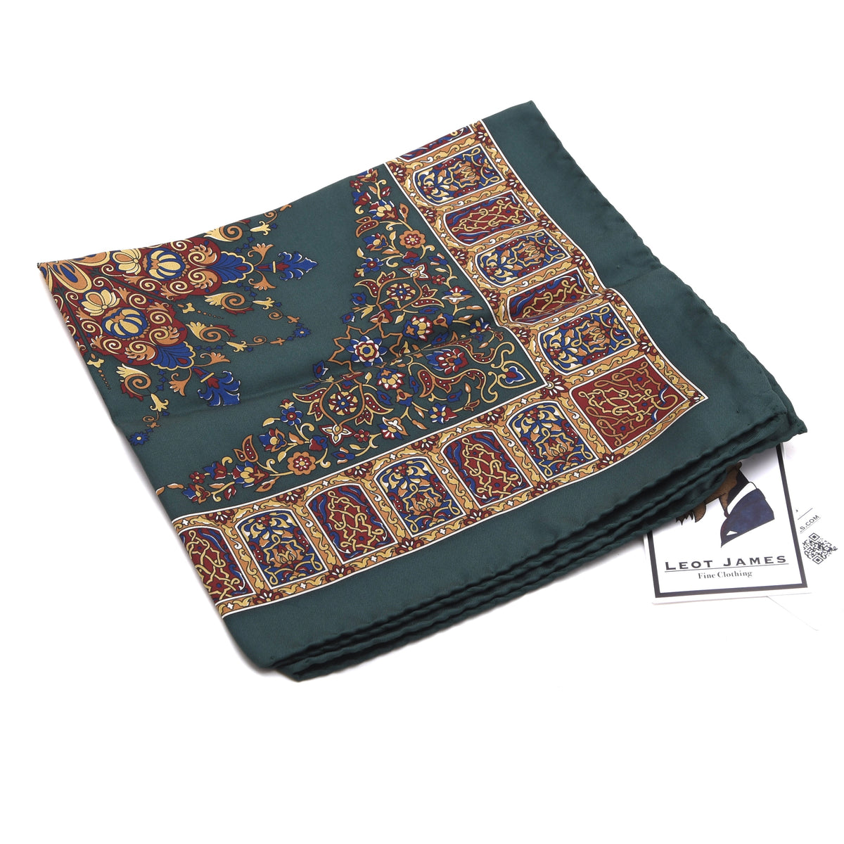 Classic Silk Pocket Square 42cm x 43cm - Green Ornamental