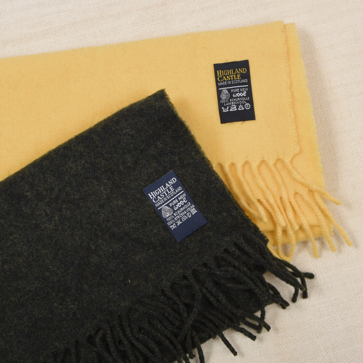 Highland Castle x2 Wool Scarves Made in Scotland ca. 143-145cm - Loden Green/Yellow