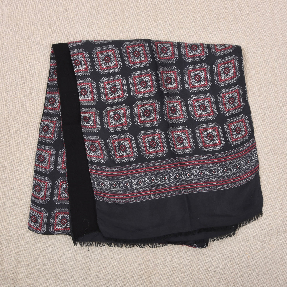 Vintage Silk/Wool Double-Sided Dress Scarf ca. 124cm - Red/Black/Grey