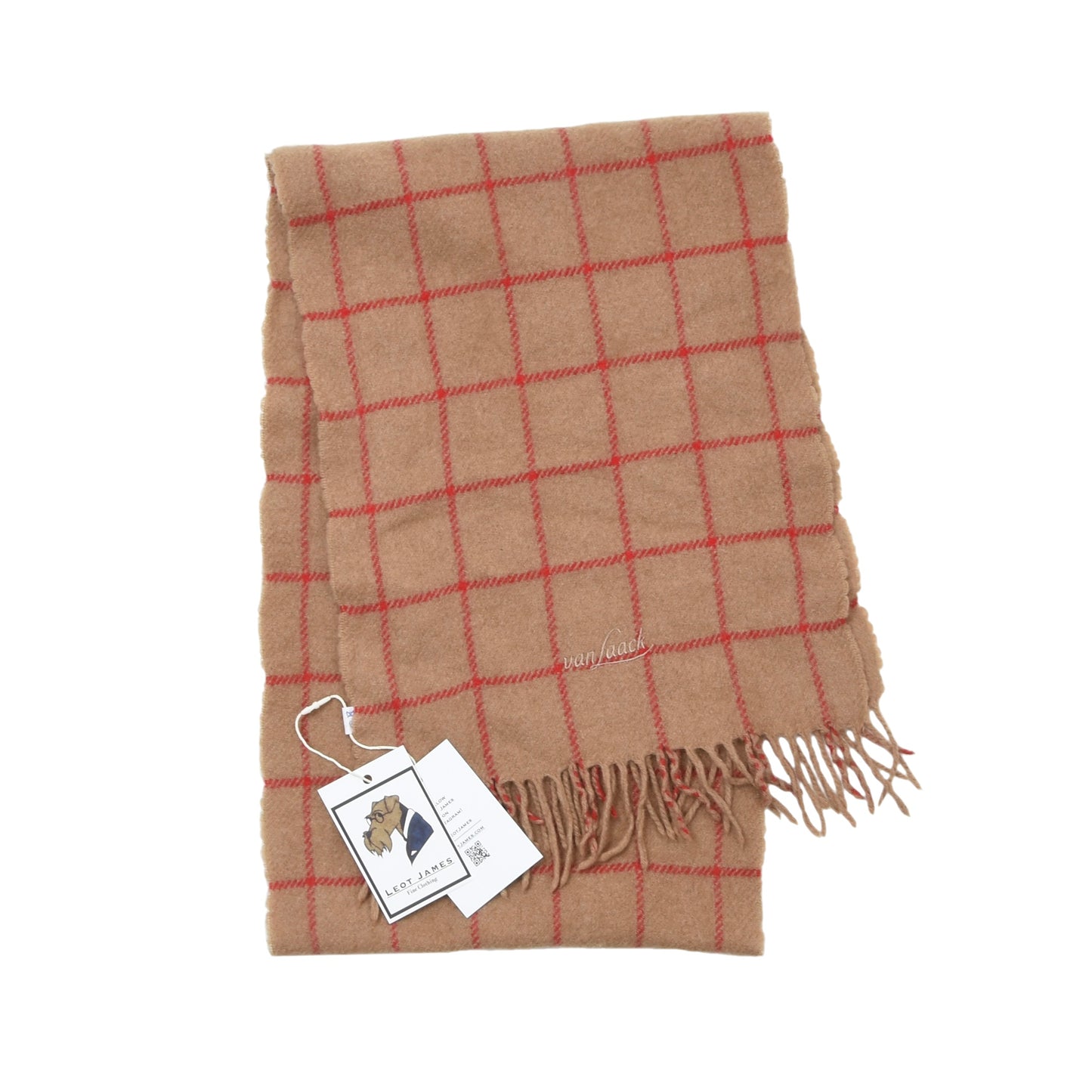 Van Laack 100% Camel Hair Scarf ca. 171cm - Tan/Red Windowpane