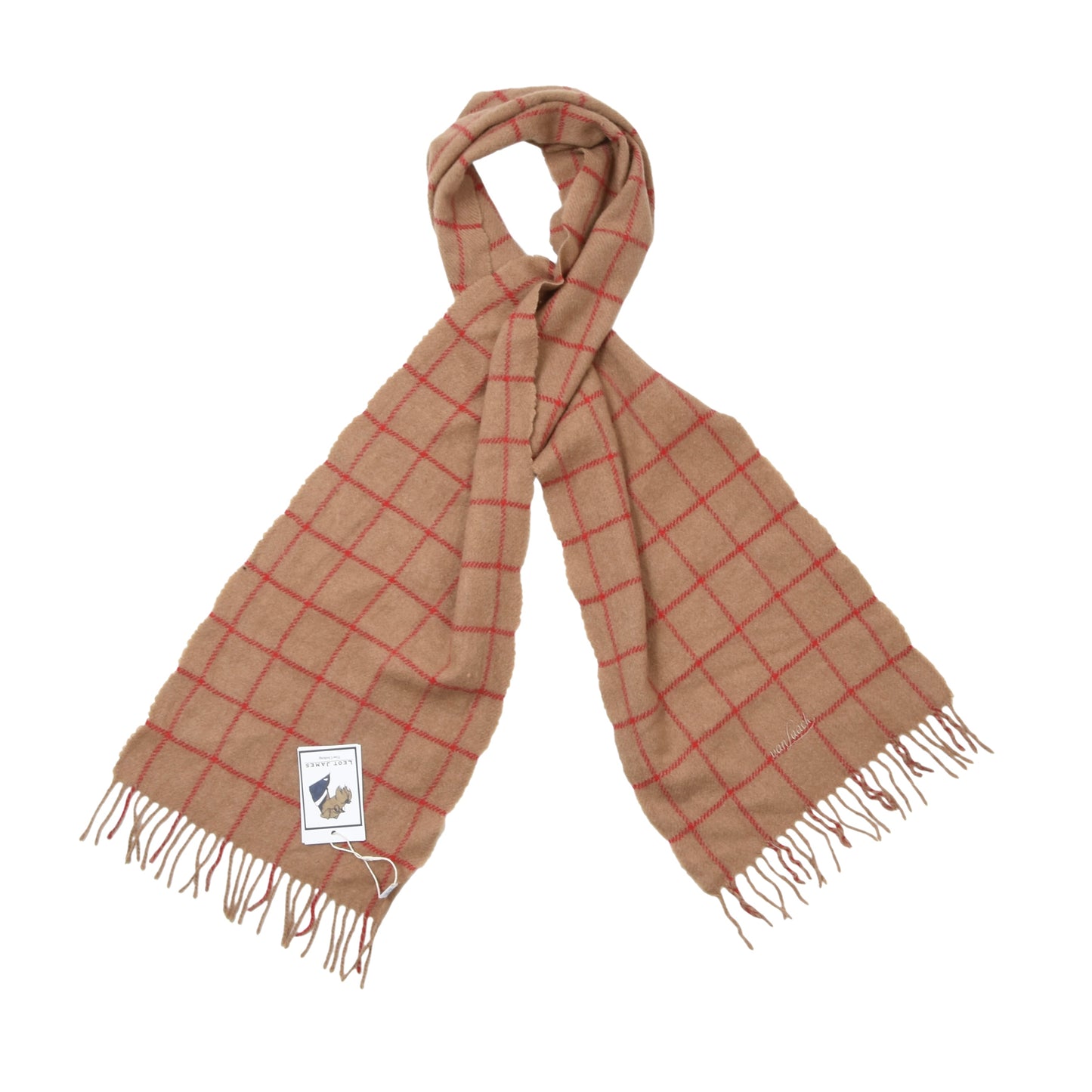 Van Laack 100% Camel Hair Scarf ca. 171cm - Tan/Red Windowpane