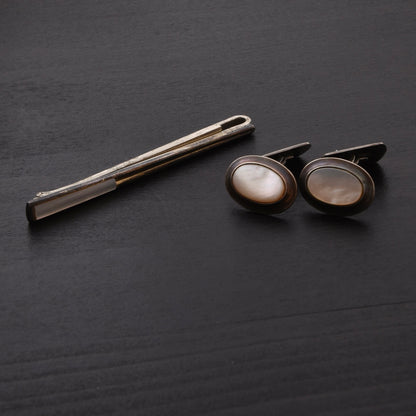Vintage 835 Silber Manschettenknöpfe & Krawattenklammer Set - Perlmutt
