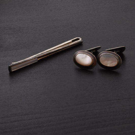 Vintage 835 Silber Manschettenknöpfe & Krawattenklammer Set - Perlmutt
