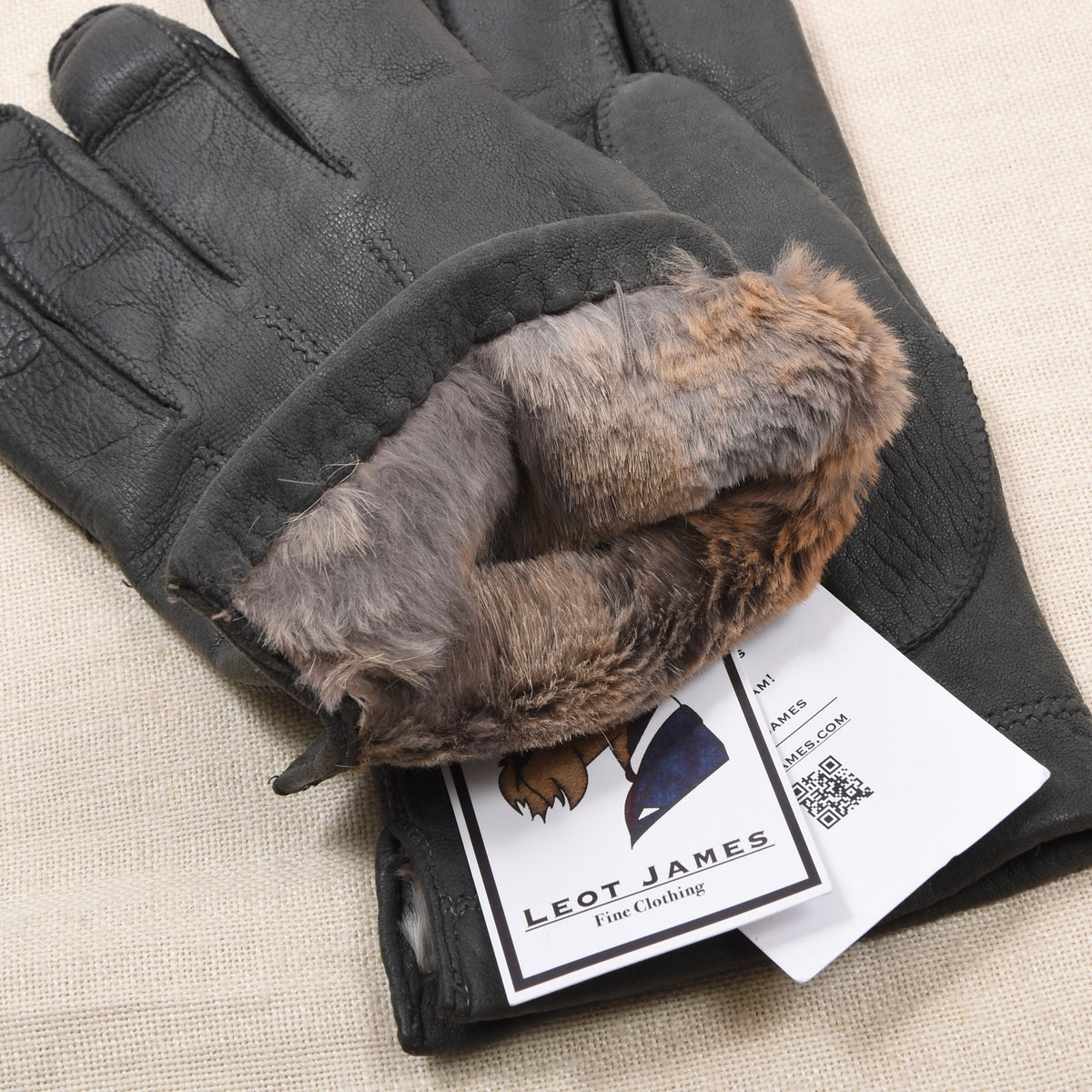 Vintage Leather Fur-Lined Gloves Width 11.3cm - Charcoal