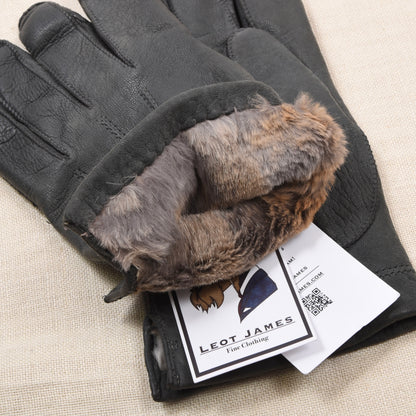 Vintage Leather Fur-Lined Gloves Width 11.3cm - Charcoal