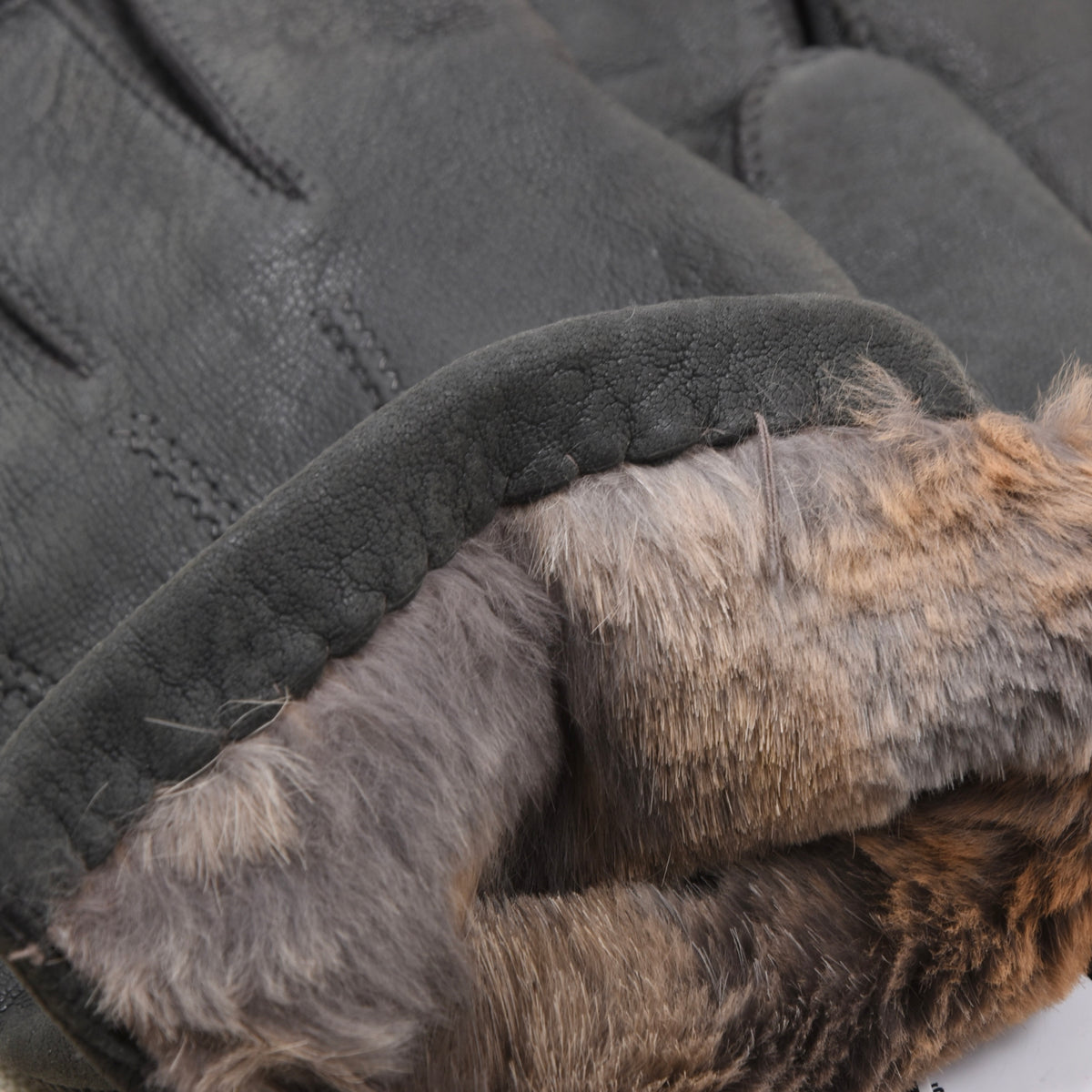 Vintage Leather Fur-Lined Gloves Width 11.3cm - Charcoal