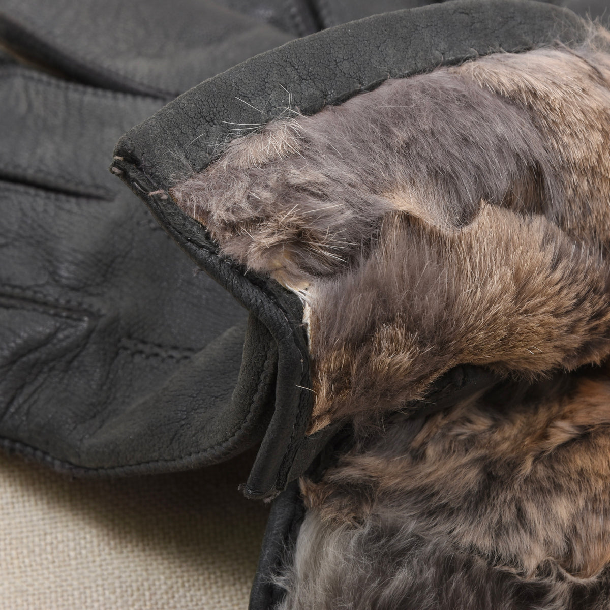 Vintage Leather Fur-Lined Gloves Width 11.3cm - Charcoal