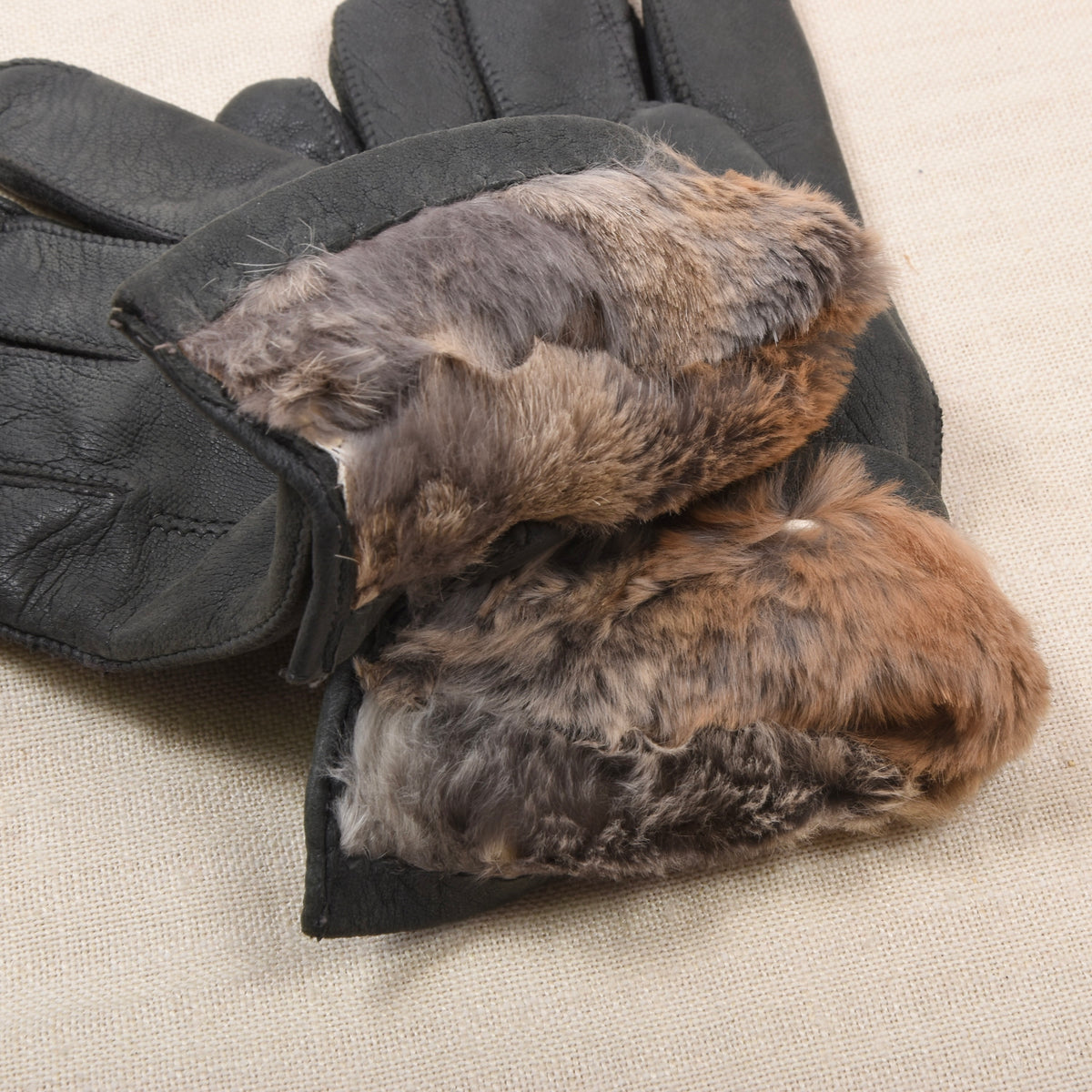 Vintage Leather Fur-Lined Gloves Width 11.3cm - Charcoal
