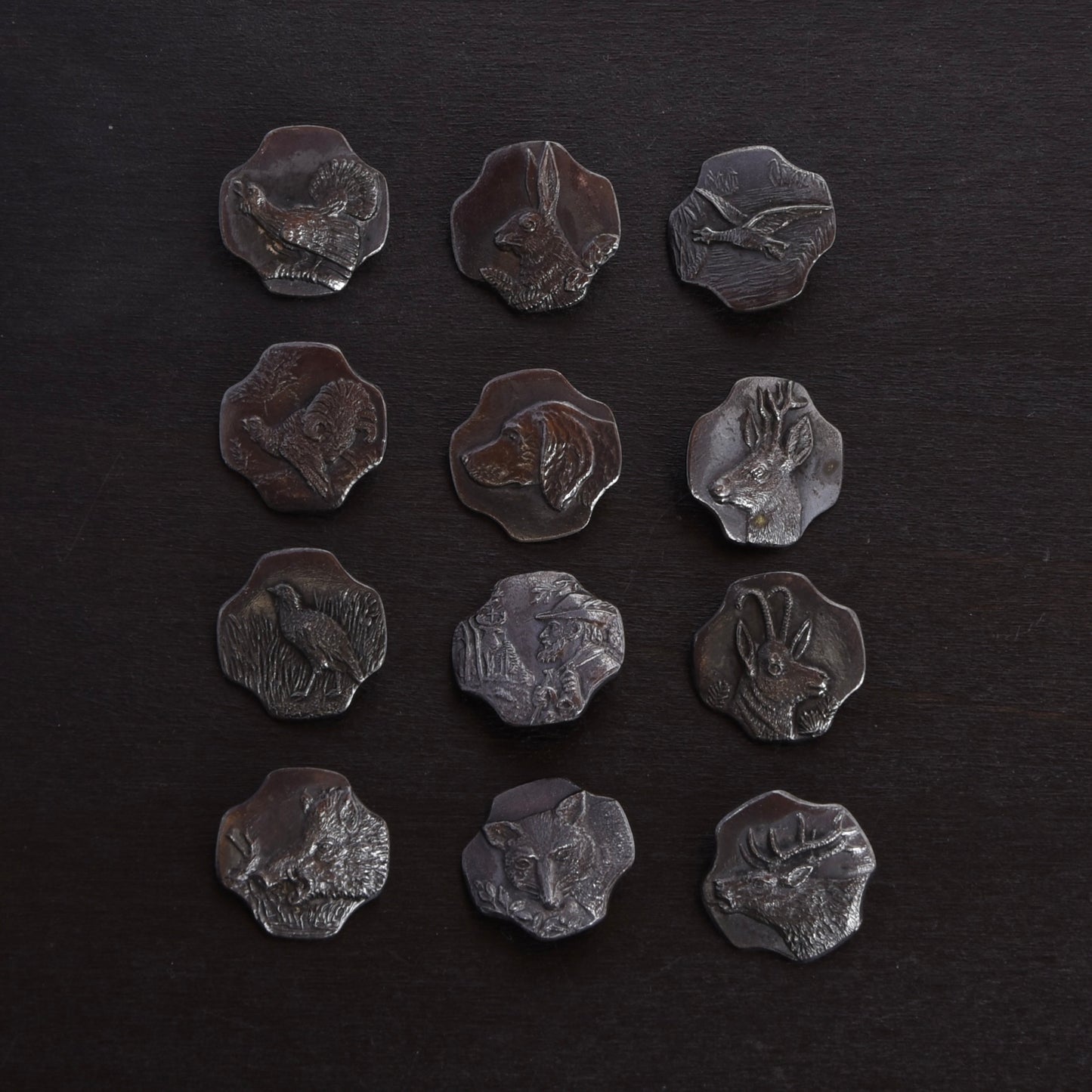 12x .800 Silver Trachten Buttons ca. 26g - Hunting Motif