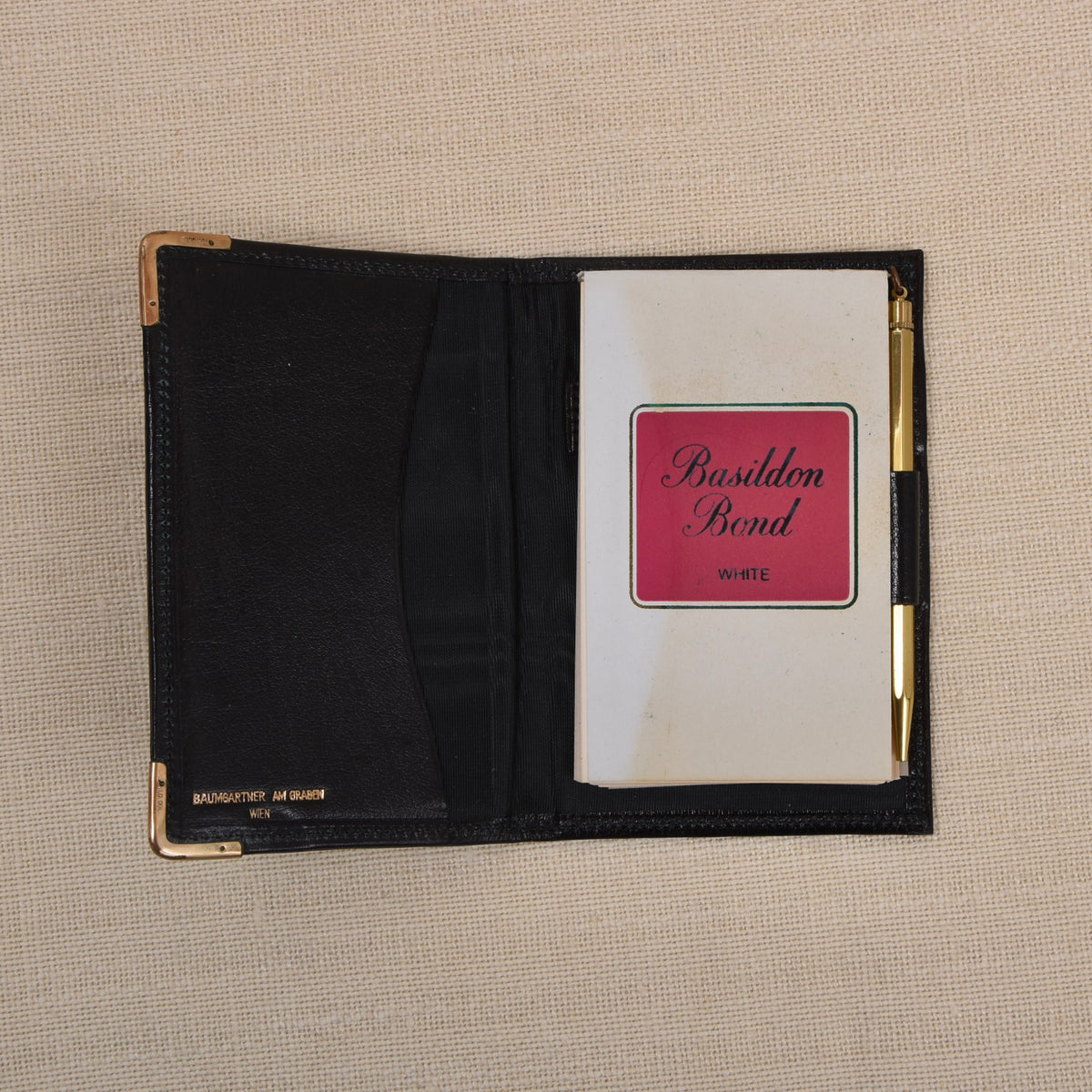 NOS Baumgartner am Graben Wien Leather Notepad Wallet Feat. Rolled Gold Corners + Extra Notepad- Black