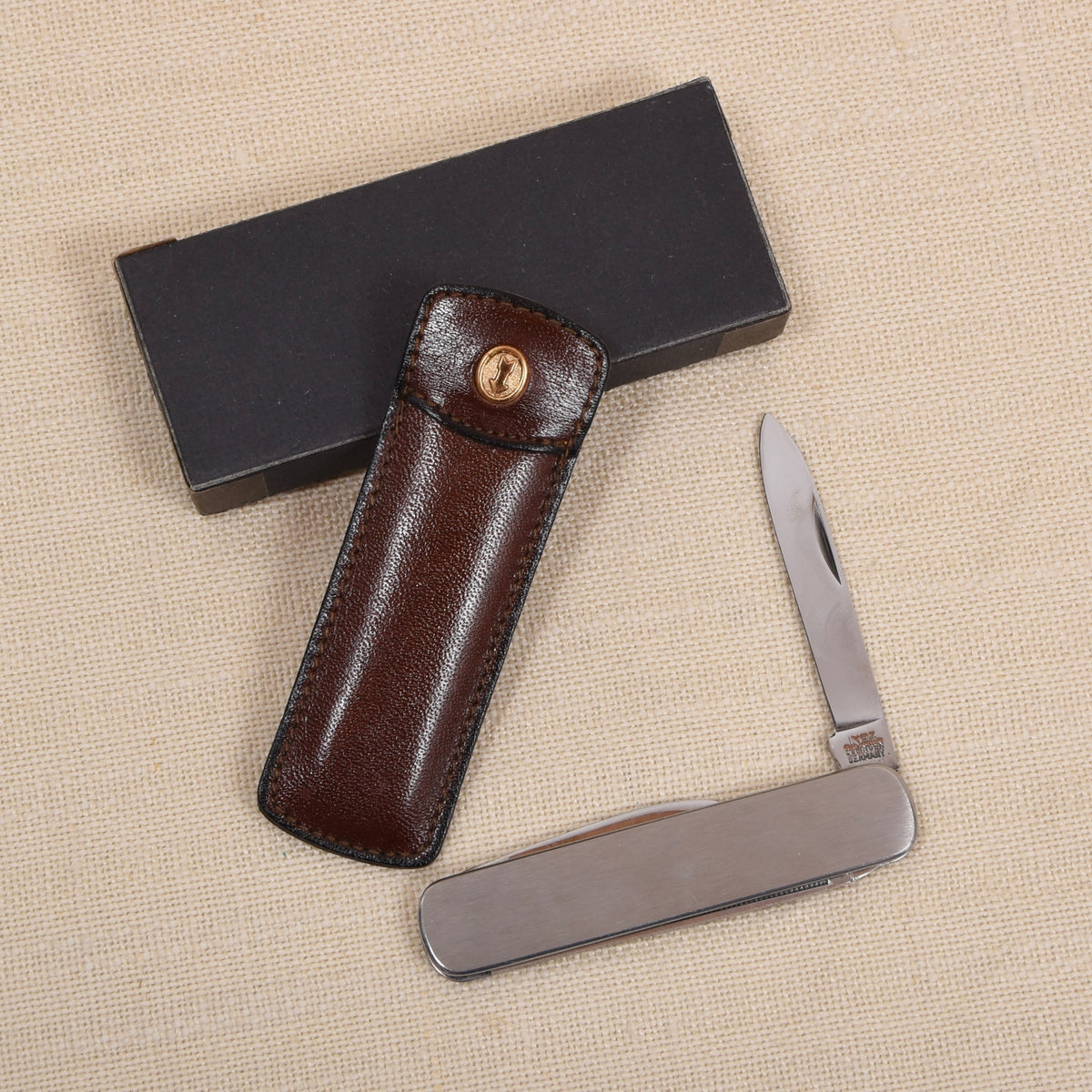 NOS Vintage Goldpfeil Lederetui + Solingen Taschenmesser
