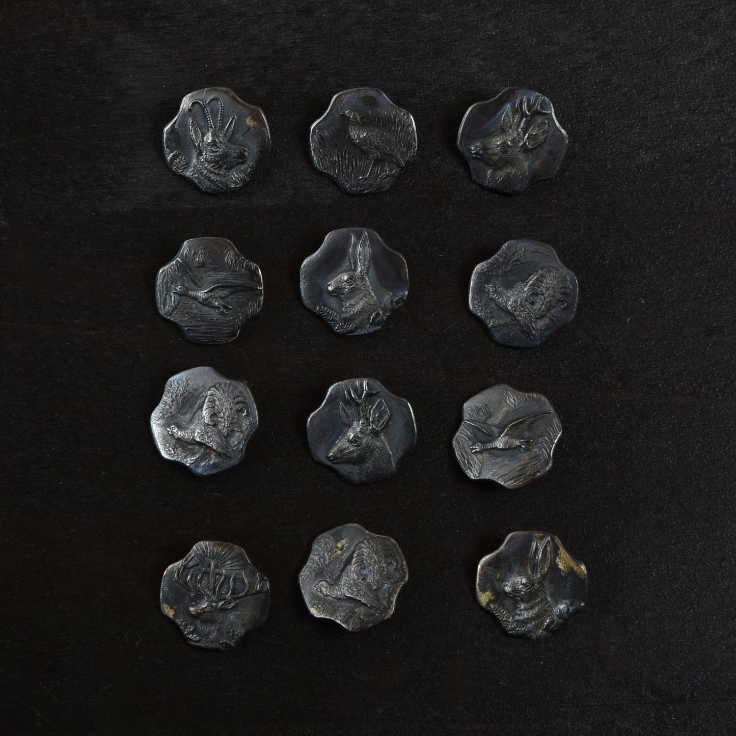 12x .800 Silver Trachten Buttons ca. 26.69g - Hunting Motif