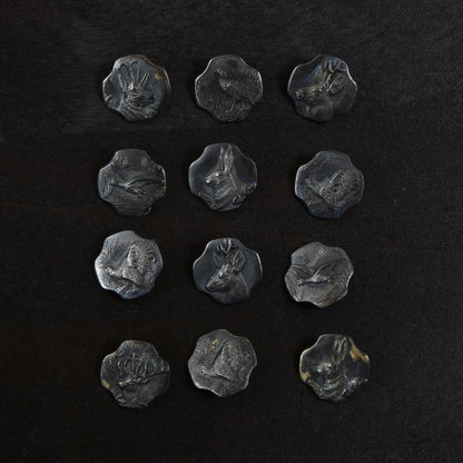12x .800 Silver Trachten Buttons ca. 26.69g - Hunting Motif