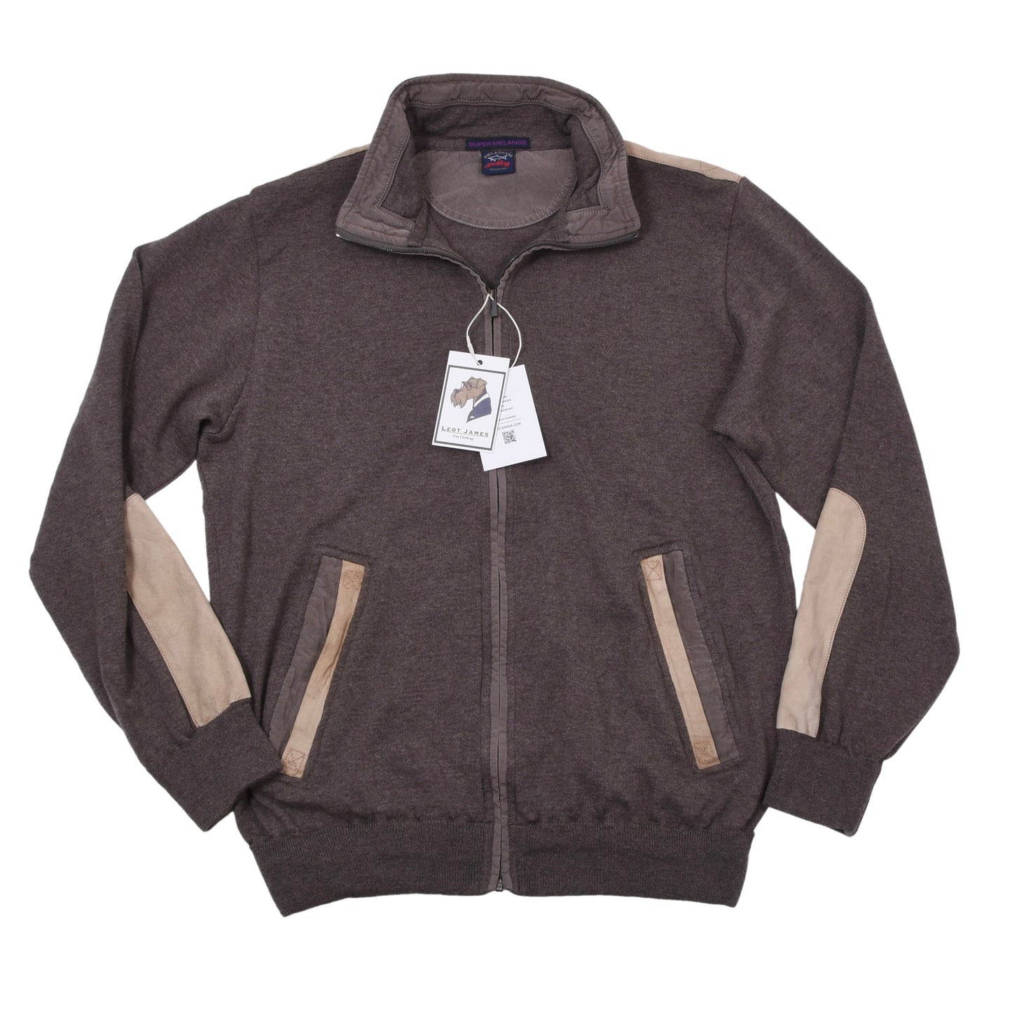 Paul & Shark 100% Wool Cardigan Sweater Feat. Leather Details Size L Chest ca. 55cm - Brown