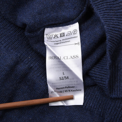 Royal Class Seiden-Kaschmir V-Ausschnitt Pullover Größe L 52/54 ca. 54cm - Blau