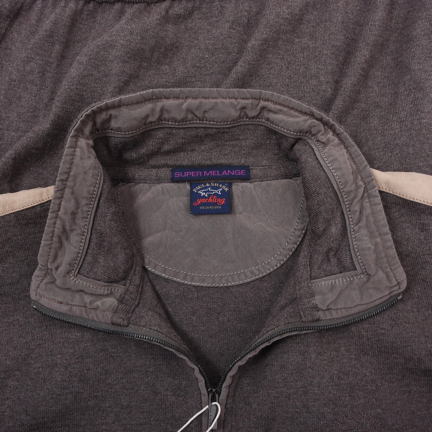 Paul & Shark 100% Wool Cardigan Sweater Feat. Leather Details Size L Chest ca. 55cm - Brown