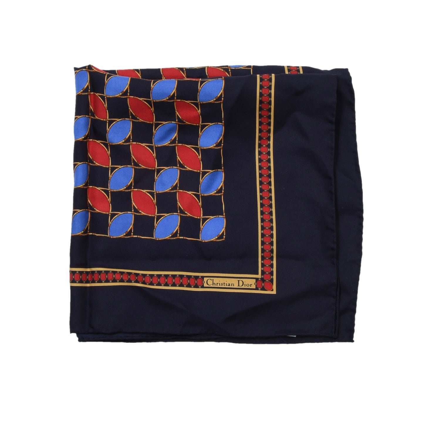 Christian Dior handgerolltes Seidentaschentuch, ca. 45 cm – Blau & Rot