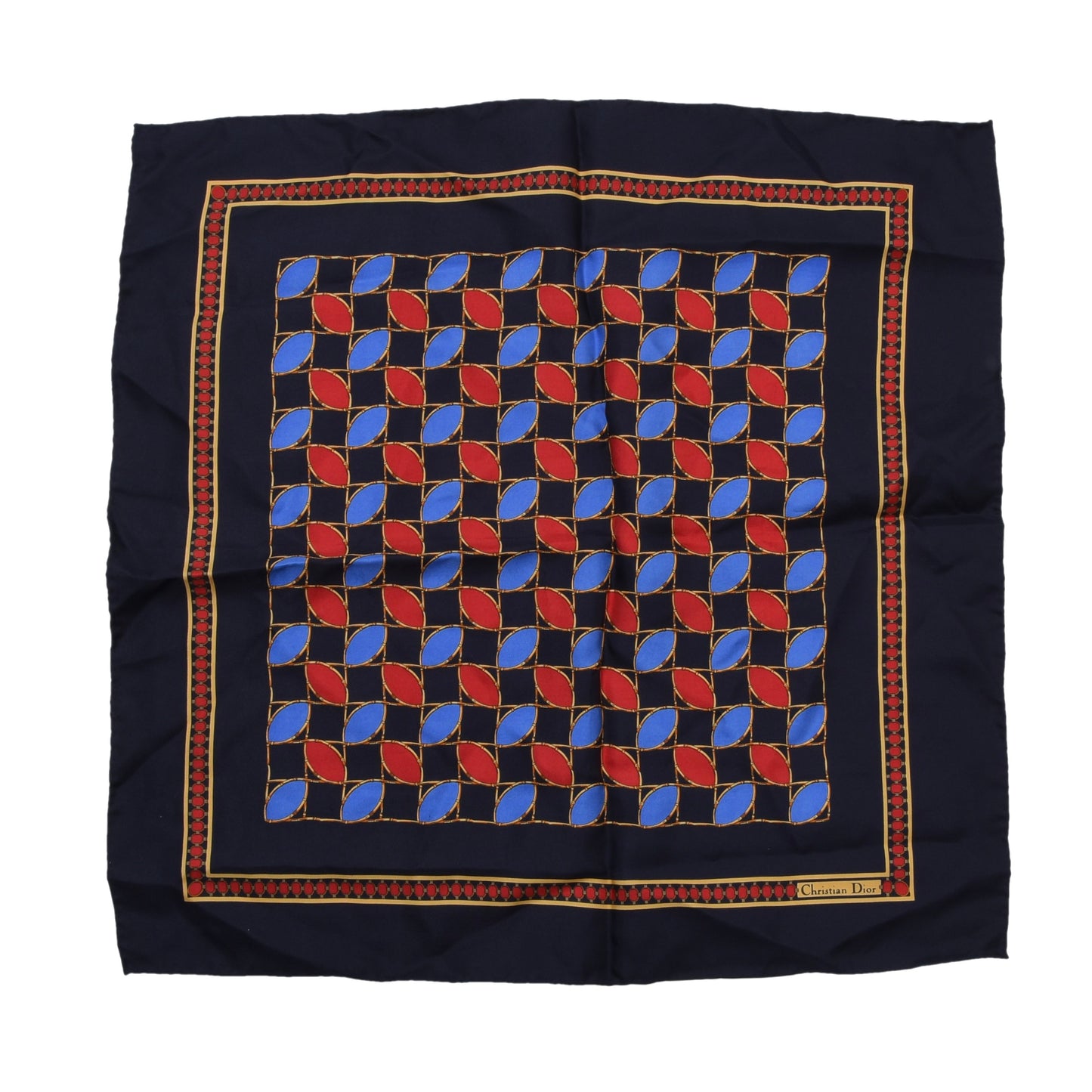 Christian Dior handgerolltes Seidentaschentuch, ca. 45 cm – Blau & Rot