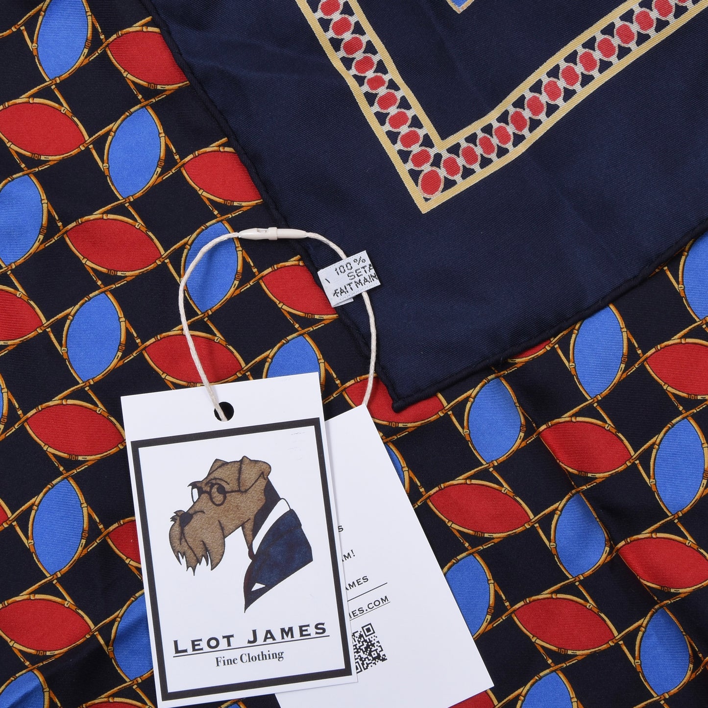 Christian Dior handgerolltes Seidentaschentuch, ca. 45 cm – Blau & Rot