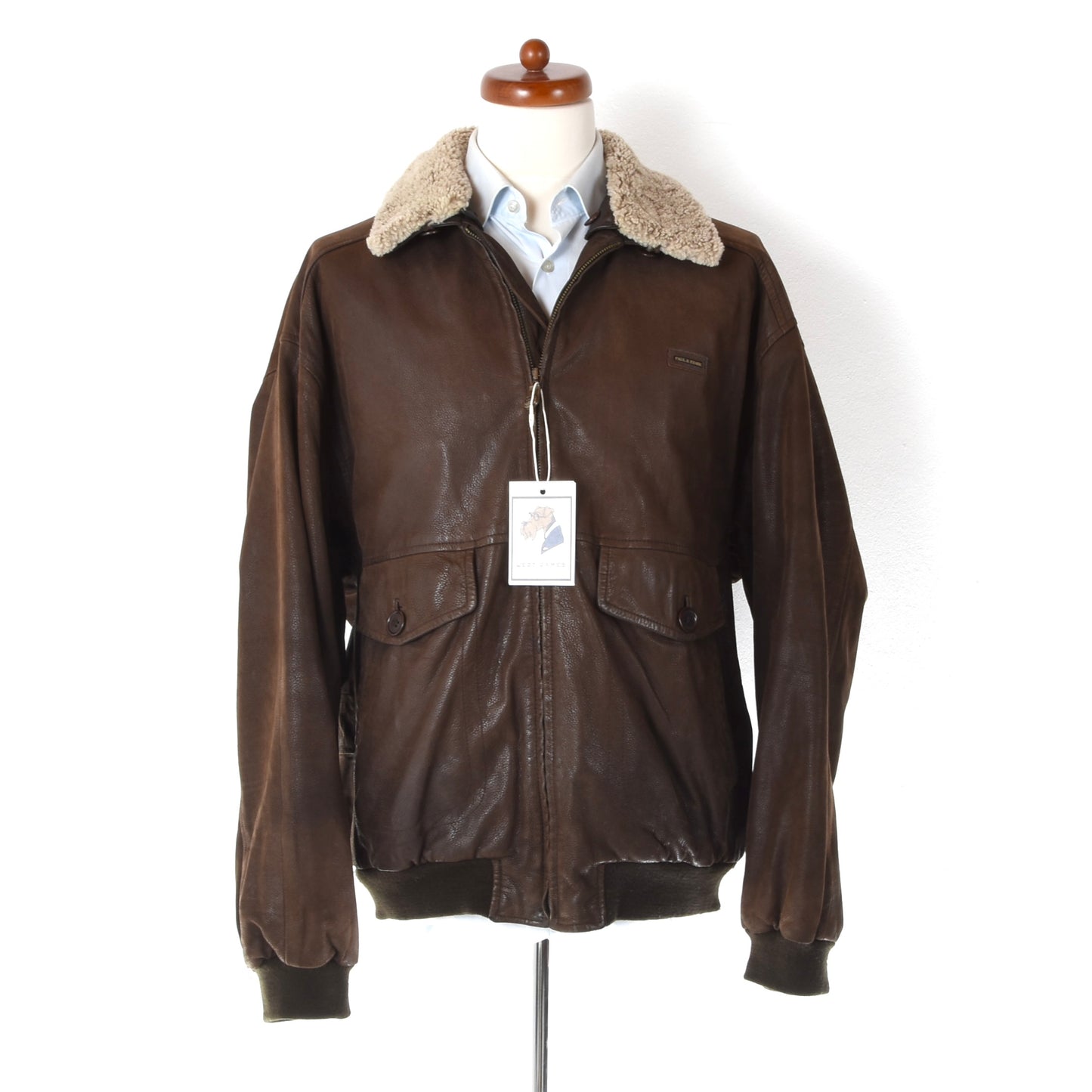 Paul & Shark Leather Bomber Jacket Feat. Shearling Collar Size M Chest ca. 61cm - Brown