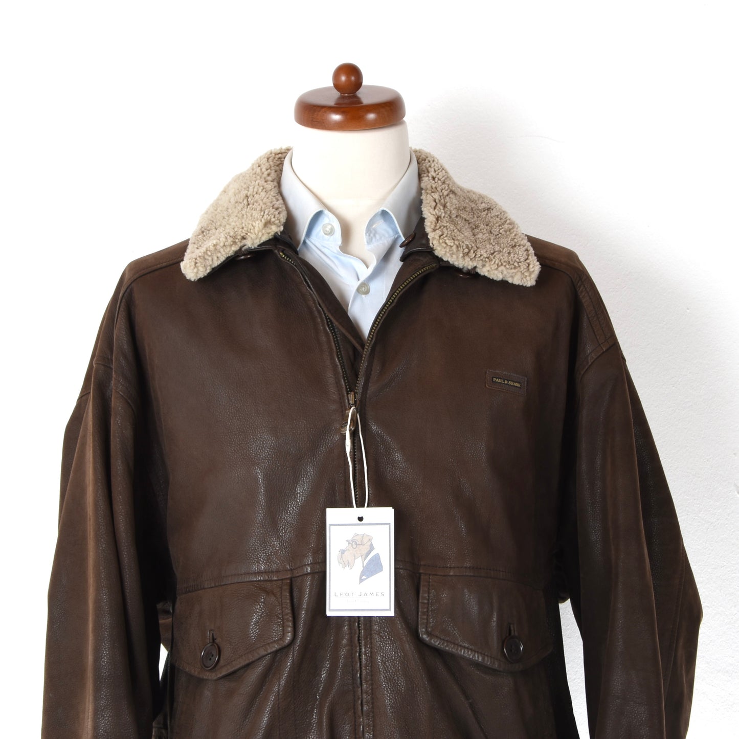 Paul & Shark Leather Bomber Jacket Feat. Shearling Collar Size M Chest ca. 61cm - Brown