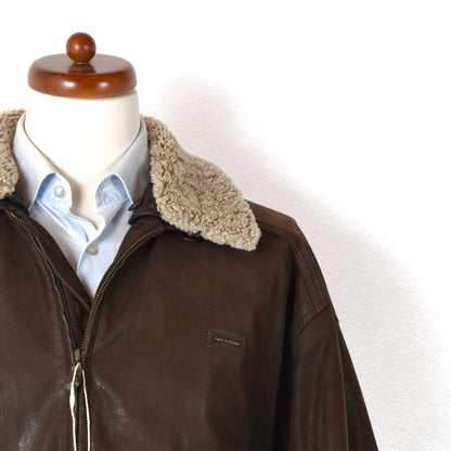 Paul & Shark Leather Bomber Jacket Feat. Shearling Collar Size M Chest ca. 61cm - Brown