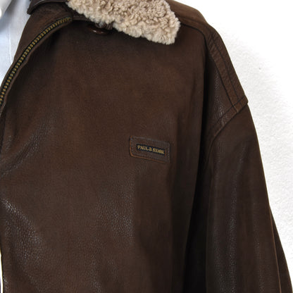 Paul & Shark Leather Bomber Jacket Feat. Shearling Collar Size M Chest ca. 61cm - Brown