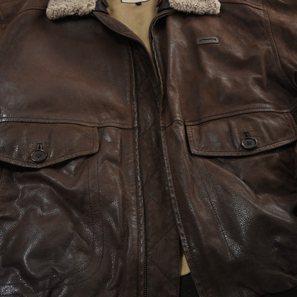 Paul & Shark Leather Bomber Jacket Feat. Shearling Collar Size M Chest ca. 61cm - Brown