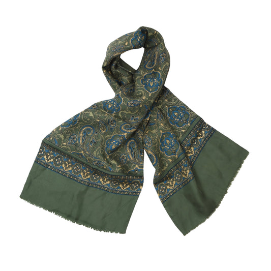 Classic Double Sided Silk/Wool Dress Scarf ca. 121cm - Green Paisley
