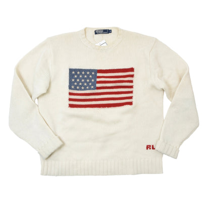 Polo Ralph Lauren American Flag 100% Wool Sweater Size M - Cream