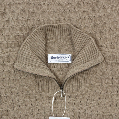 Vintage Burberrys 100% Wool 1/4 Zip Aran Sweater Size 48 Chest ca. 58.5cm - Tan/Beige