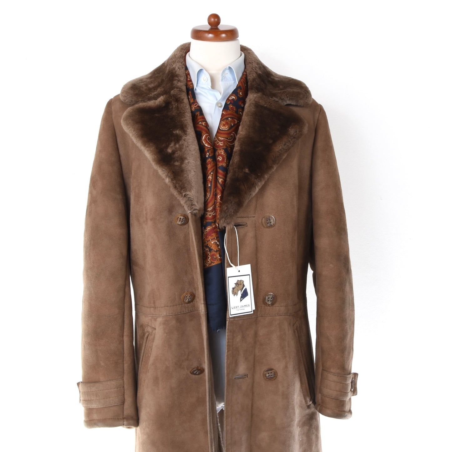 Classic Belted-Back Shearling Coat ca. 56.5cm Chest  - Brown