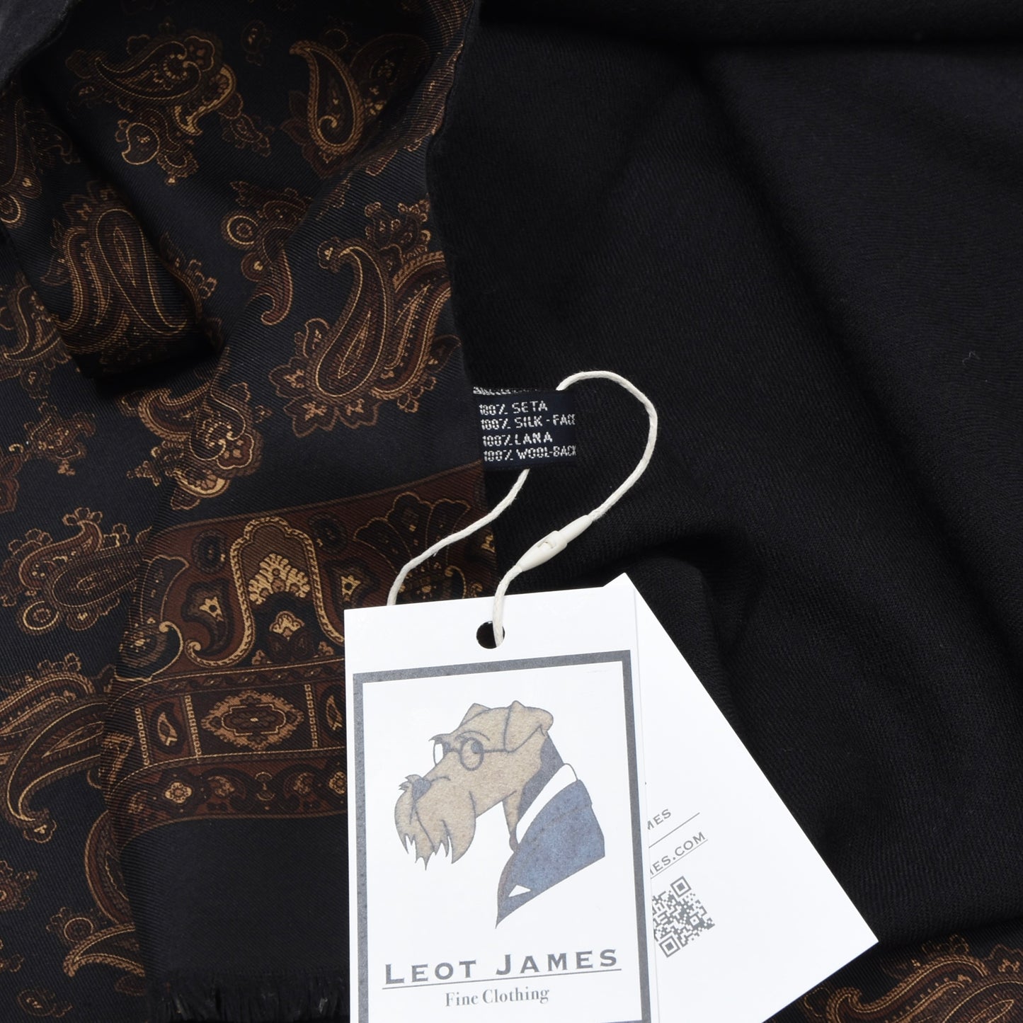 Classic Double-Sided Wool-Silk Dress Scarf ca. 157cm - Black Paisley