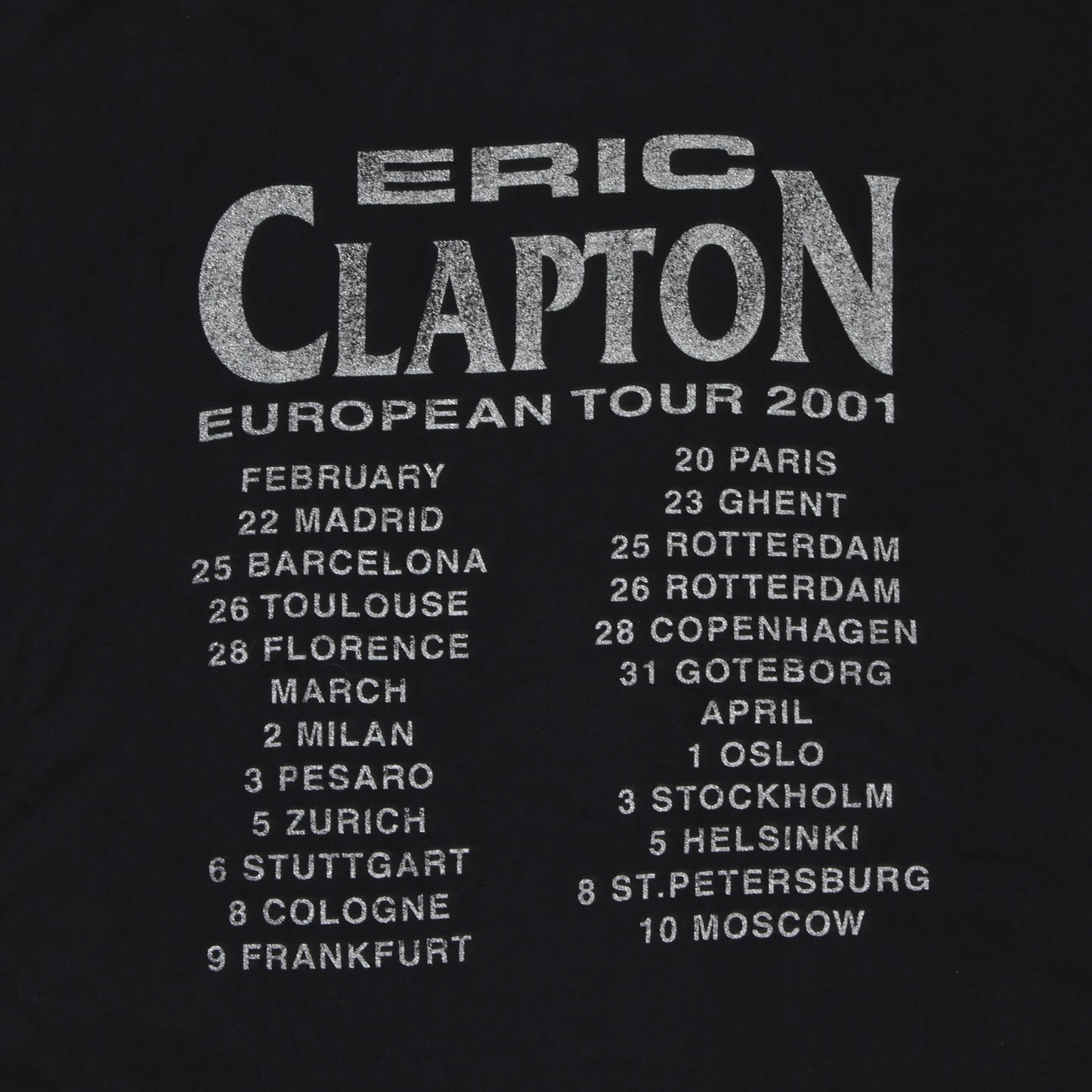 Eric Clapton 2001 European Tour T-Shirt Size XL - Black