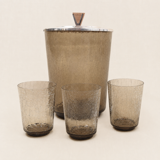 Vintage Mid-Century Eiswürfelbehälter aus Rauchglas mit Craquelé-Optik und 3 Gläsern