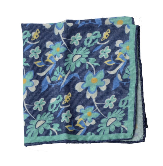 Wool/Silk Pocket Square Floral Print - Blue & Turquoise