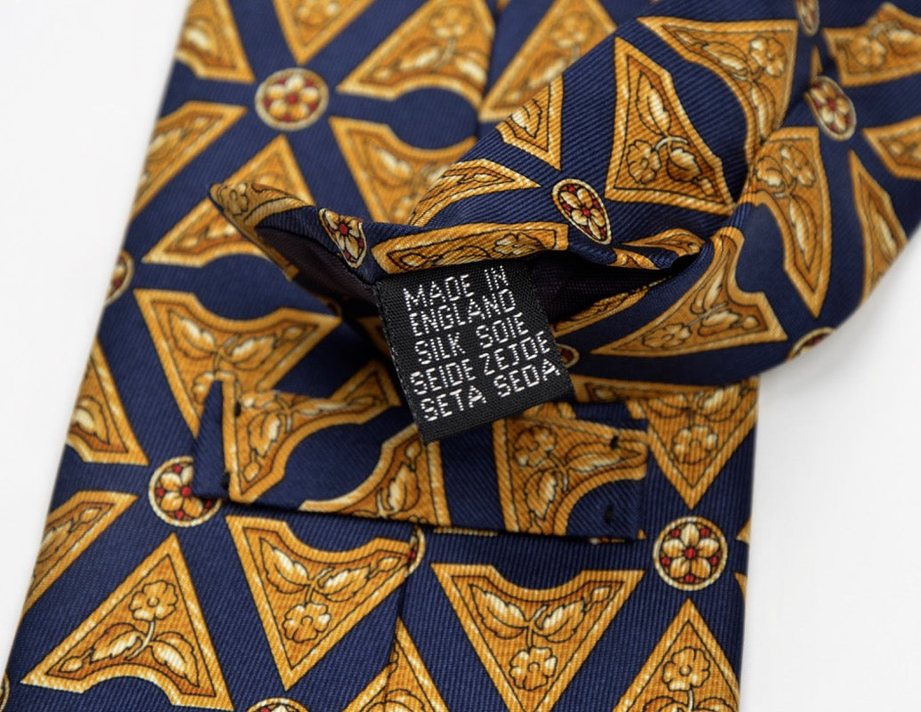 Harrod's London Flower Print Silk Tie - Navy & Gold