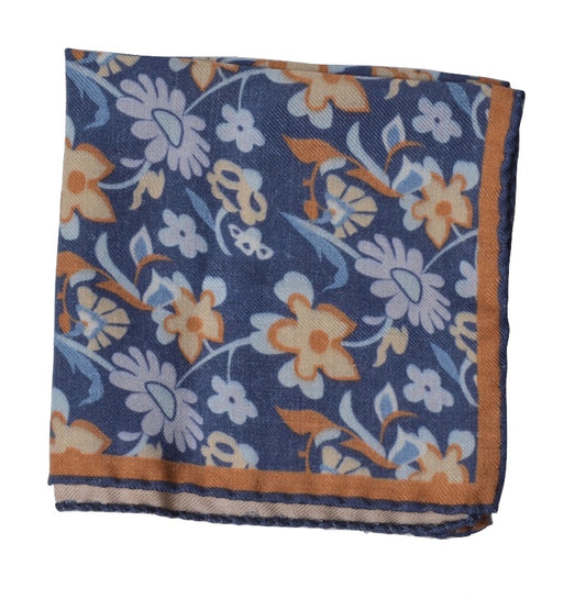 Wool/Silk Pocket Square Floral Print - Blue & Tan
