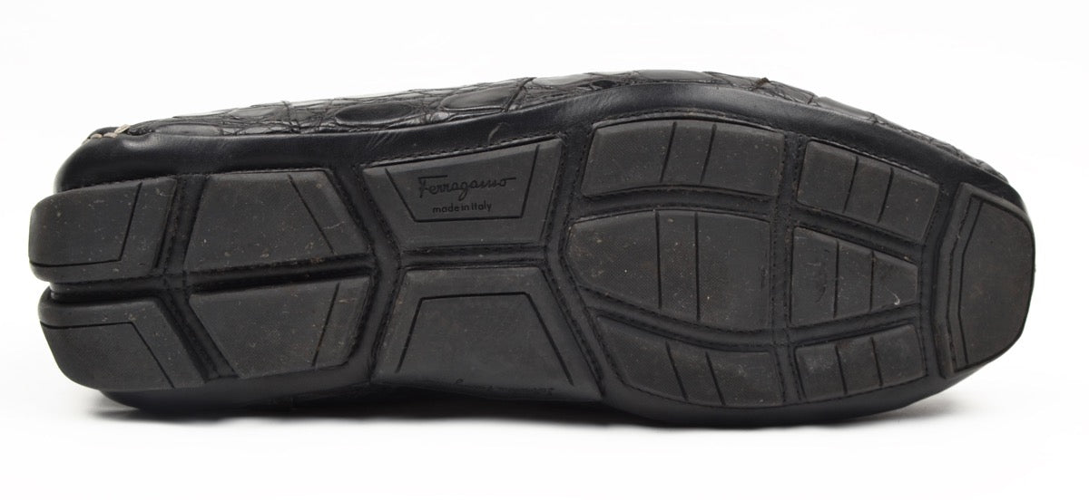 Salvatore Ferragamo Crocodile Skin Driving Loafers Größe 9 1/2 EEE - Schwarz