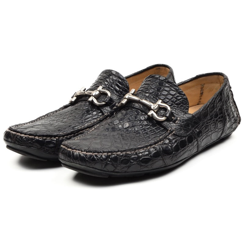 Salvatore Ferragamo Crocodile Skin Driving Loafers Size 9 1/2 EEE - Black