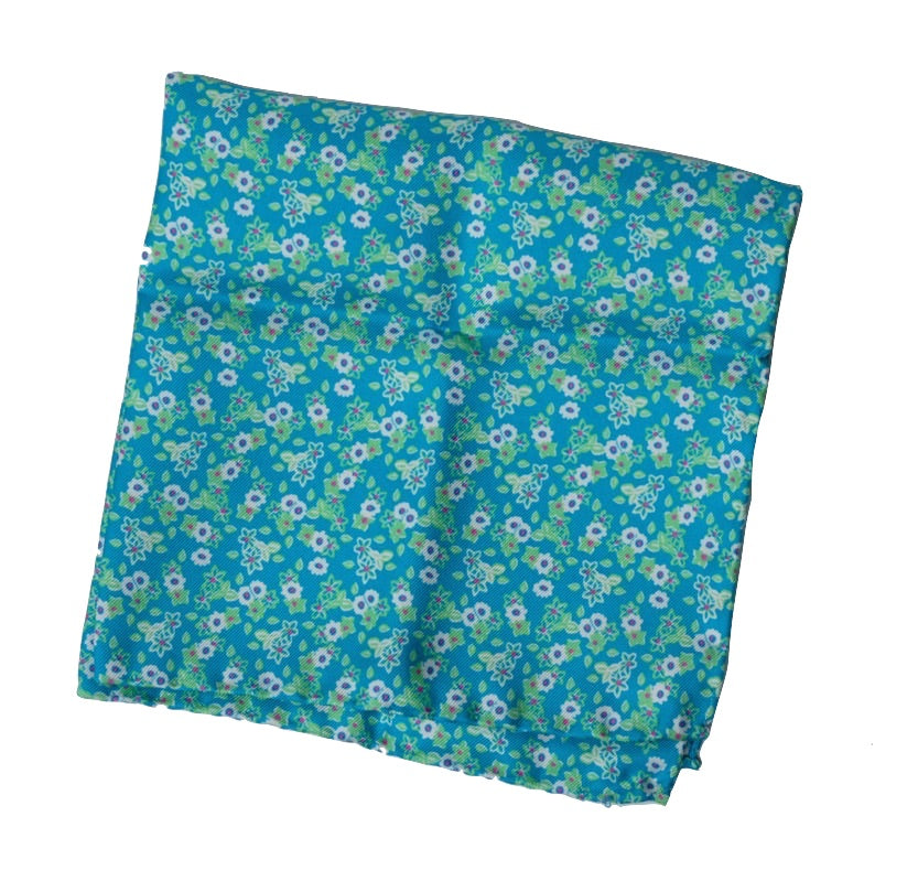Silk Pocket Square Flower Print - Blue-Green