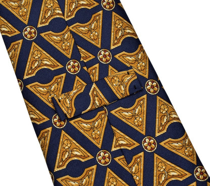 Harrod's London Flower Print Silk Tie - Navy & Gold