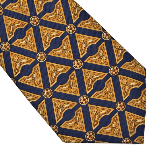 Harrod's London Flower Print Silk Tie - Navy & Gold