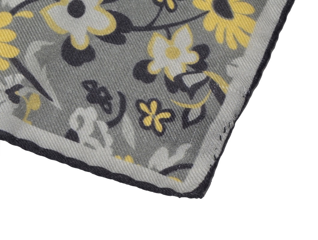 Wool/Silk Pocket Square Floral Print - Grey & Green