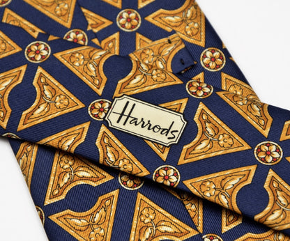 Harrod's London Flower Print Silk Tie - Navy & Gold