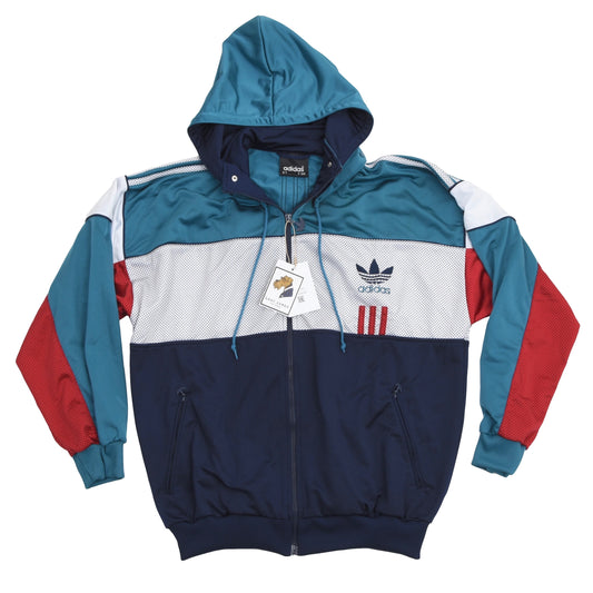 Vintage 1990er Jahre Adidas Trainingsjacke + abnehmbare Kapuze Größe D7 - Tee/Weiß/Rot/Navy